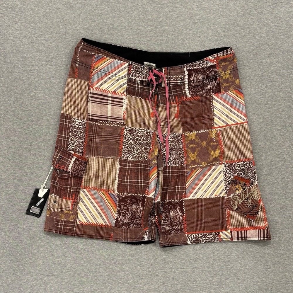 Vintage Y2K Billabong Patchwork Board Shorts Men's Size 38 Brown Plaid Wax Comb